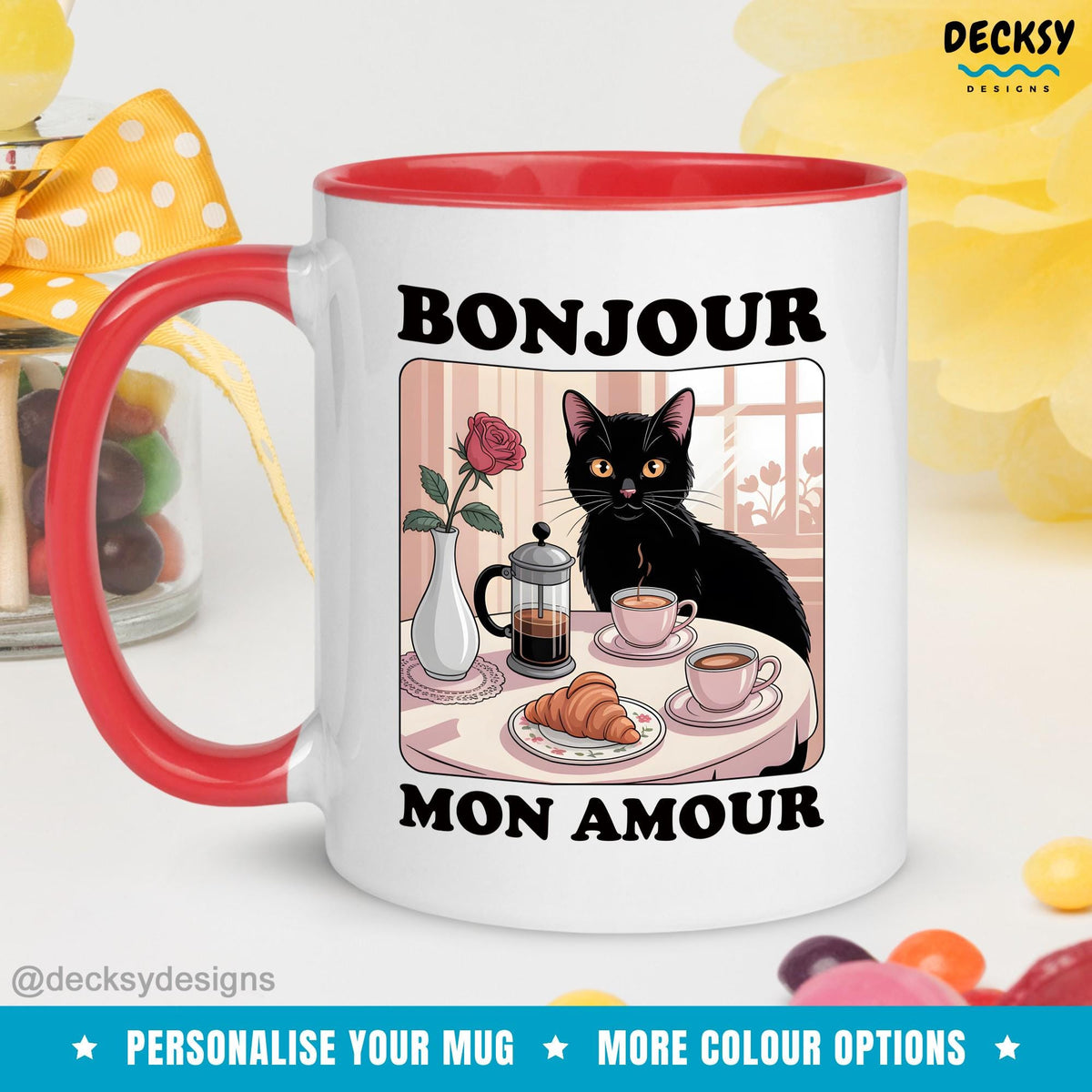 French Quote Mug, Gift France Lovers, Croissant Cafe Black Cat Mug, Custom Name Mug, Personalised Mug, Romantic Paris Mug, Bonjour Mon Amour Mugs by DecksyDesigns