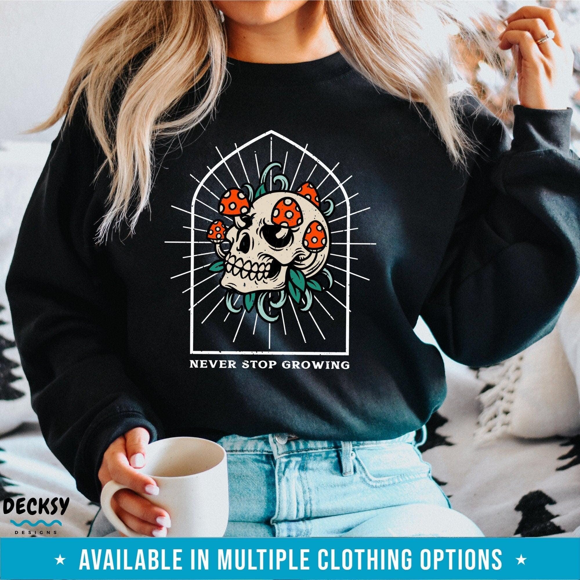 Mushroom Skull Sweatshirt, Aesthetic Gift-Clothing:Gender-Neutral Adult Clothing:Tops & Tees:T-shirts:Graphic Tees-DecksyDesigns