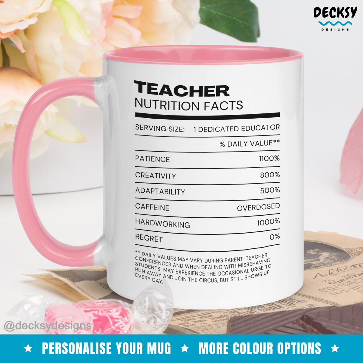 Teacher Nutrition Facts Mug, Custom Gift For Teacher, End Of Term Gift For Educator, Teacher Appreciation Cup, New Teaching Assistant Gift Mugs by DecksyDesigns